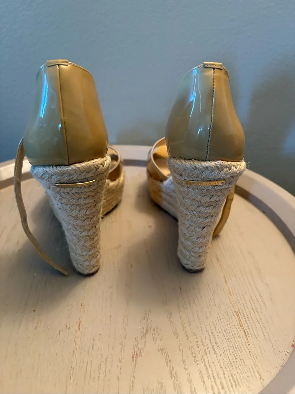 Jimmy Choo Yellow Patent Espadrille Wedge Sandals with Ankle Buckle